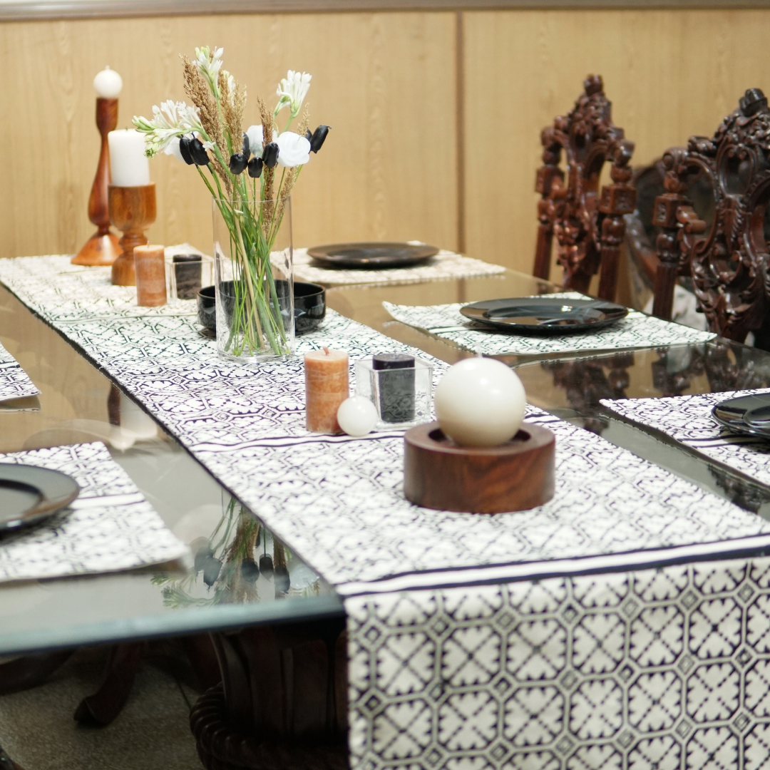 Elegant Black Block Printed Table Runner Set