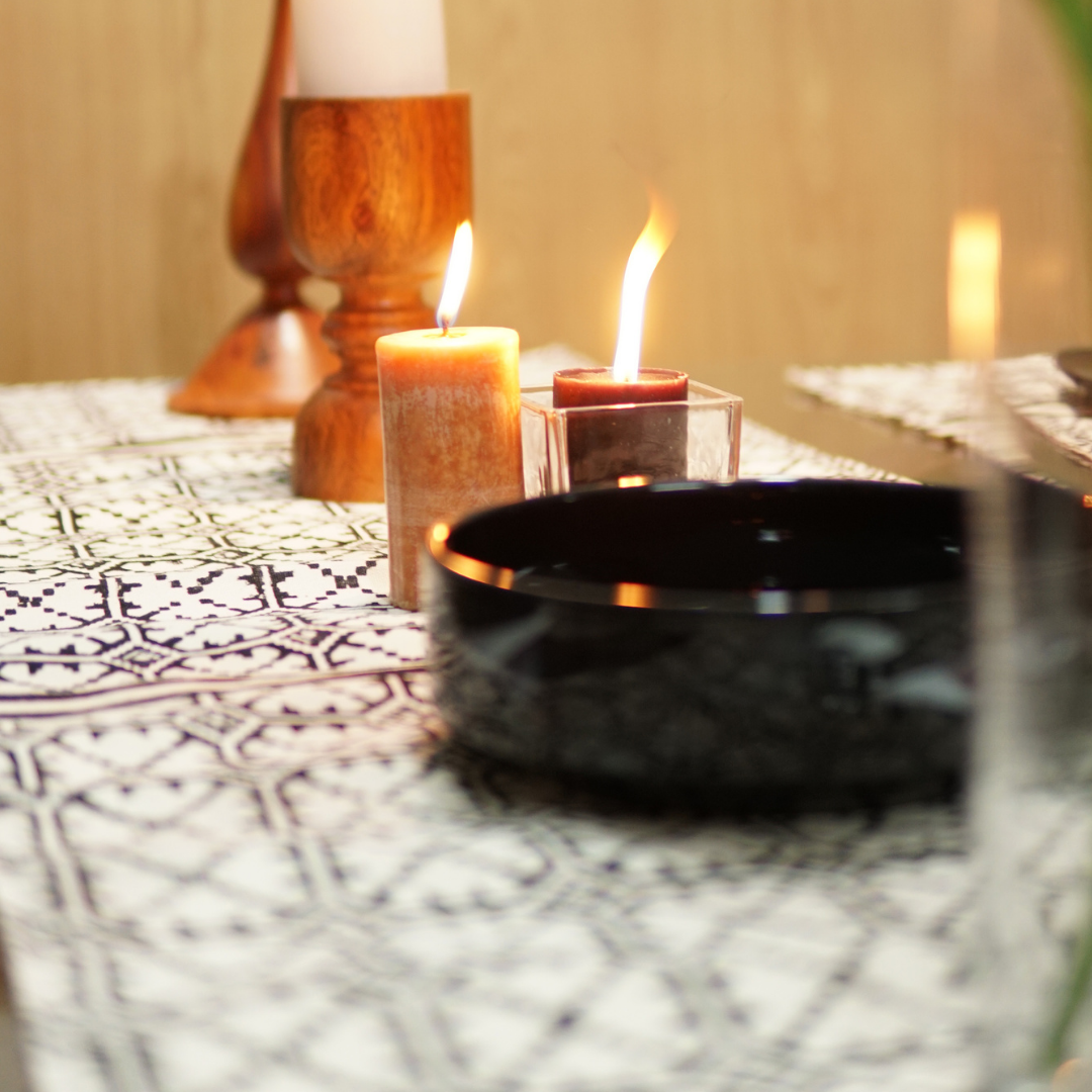 Elegant Black Block Printed Table Runner Set