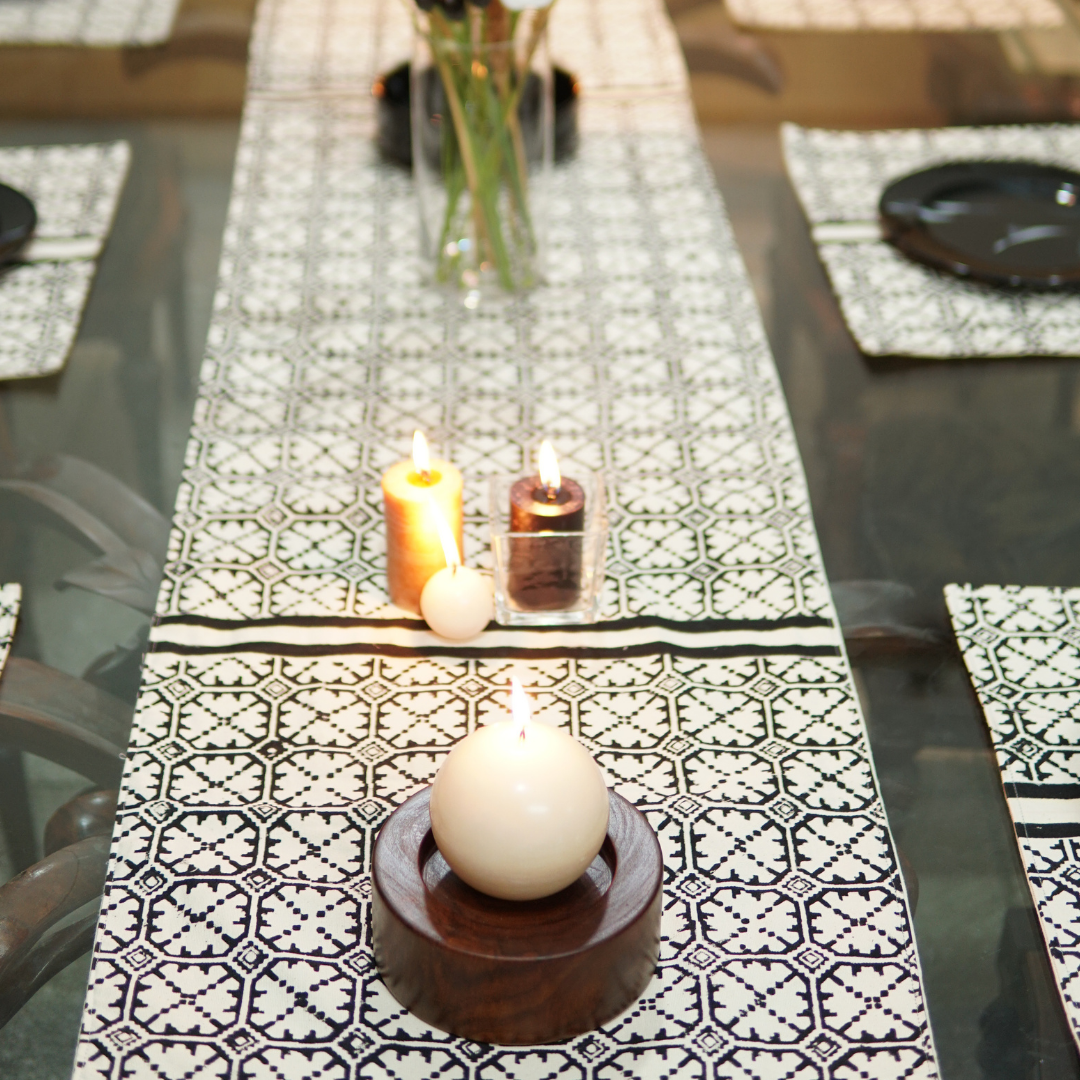 Elegant Black Block Printed Table Runner Set