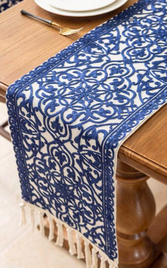 Blue Embroidered Table Runner