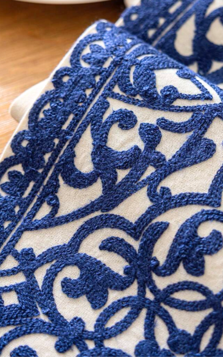 Blue Embroidered Table Runner