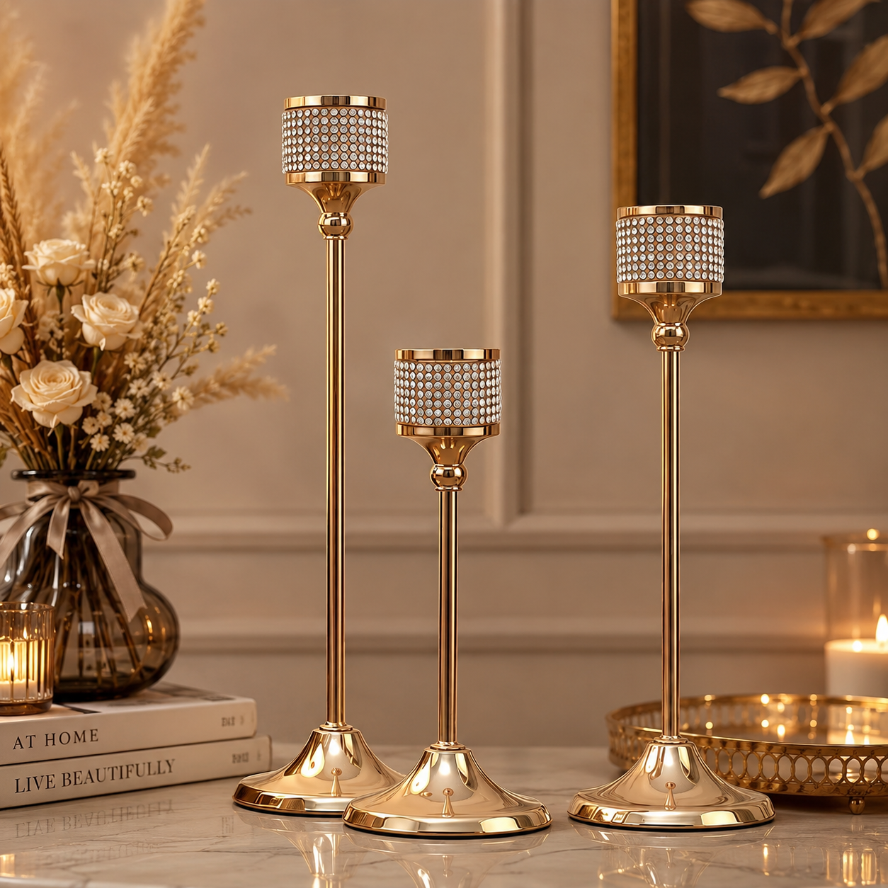 Crystal Encrusted Candle Holder - Set of 3