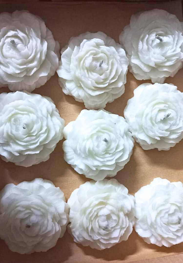 White Peony Flower Candle - Set of 4
